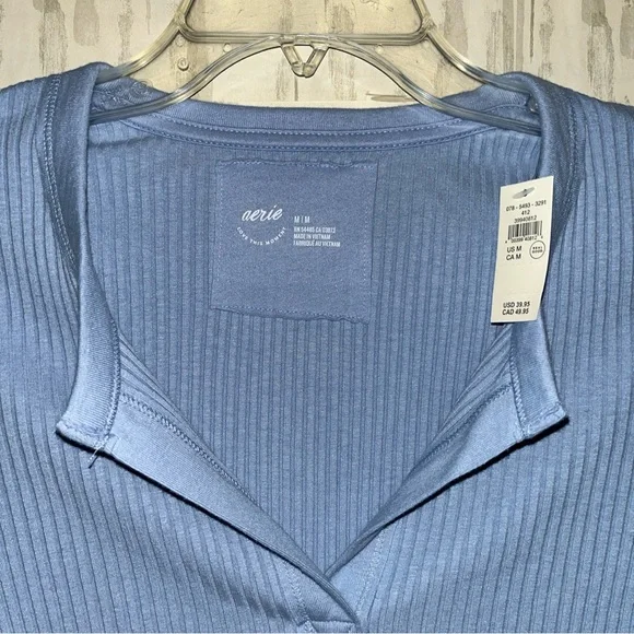 AERIE Womens Fireside Stretch Henley Long Sleeve Shirt Baby Blue Size Medium - Picture 2 of 3
